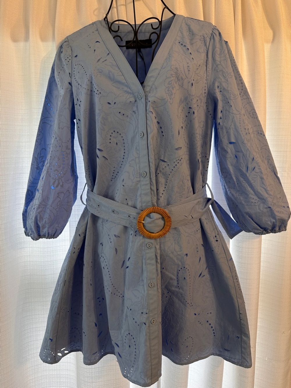 Zara Pale Blue V-Neck Eyelet Dress with Belt